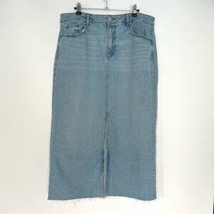 LOFT Denim Midi Skirt Women’s Size 14 Blue Raw Hem Front Slit Casual Jean Skirt
